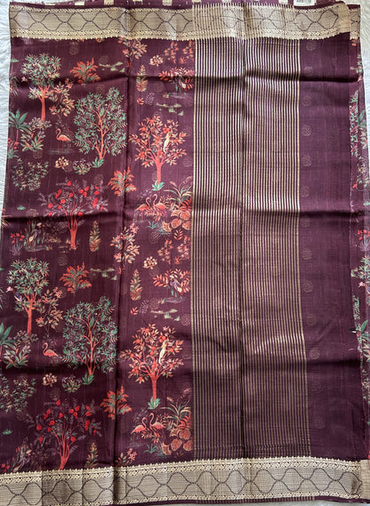 Banarasi Soft Silk Saree Burgundy Colored Complemented with a Zari Border. - Sampradaya Designer Studio