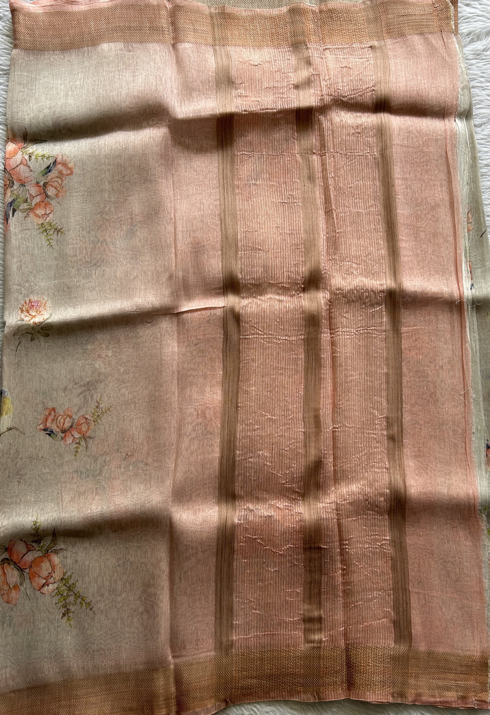 Pure Linen Saree Light Gray Colored Complemented with a Zari Border. - Sampradaya Designer Studio