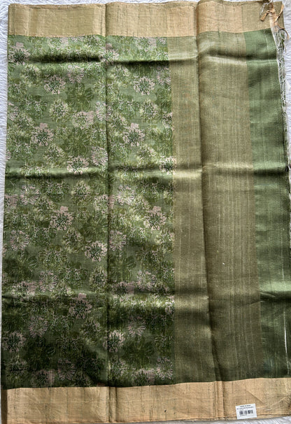 Pure Tussar silk Saree Dark Green Color Complemented with a Zari Border. - Sampradaya Designer Studio