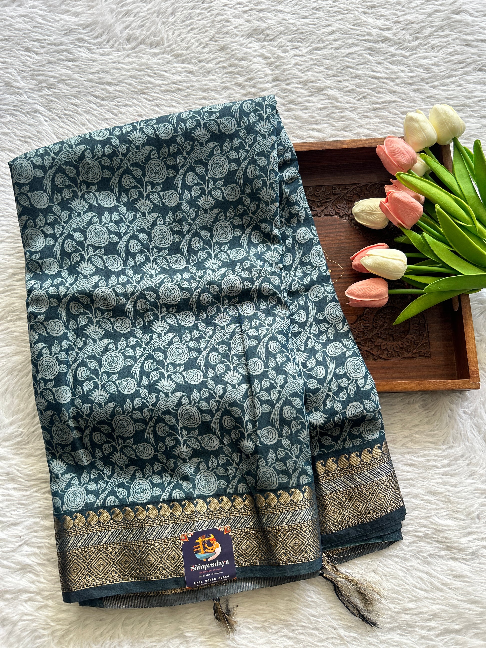 Dola Crepe Saree Teal Blue Colored Complemented with a Zari Border. - Sampradaya Designer Studio