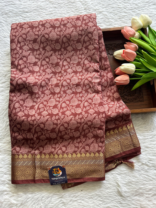 Dola Crepe Saree Brown Colored Complemented with a Zari Border. - Sampradaya Designer Studio