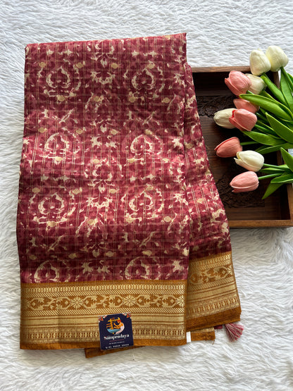 Dola Crepe Saree Burgundy Colored Complemented with a Mustard Yellow Color Zari Border. - Sampradaya Designer Studio