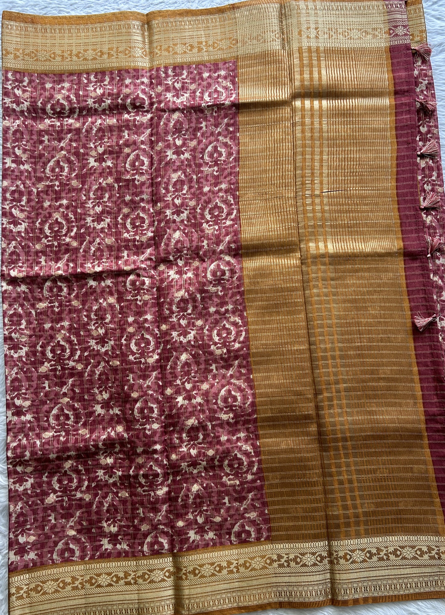 Dola Crepe Saree Burgundy Colored Complemented with a Mustard Yellow Color Zari Border. - Sampradaya Designer Studio