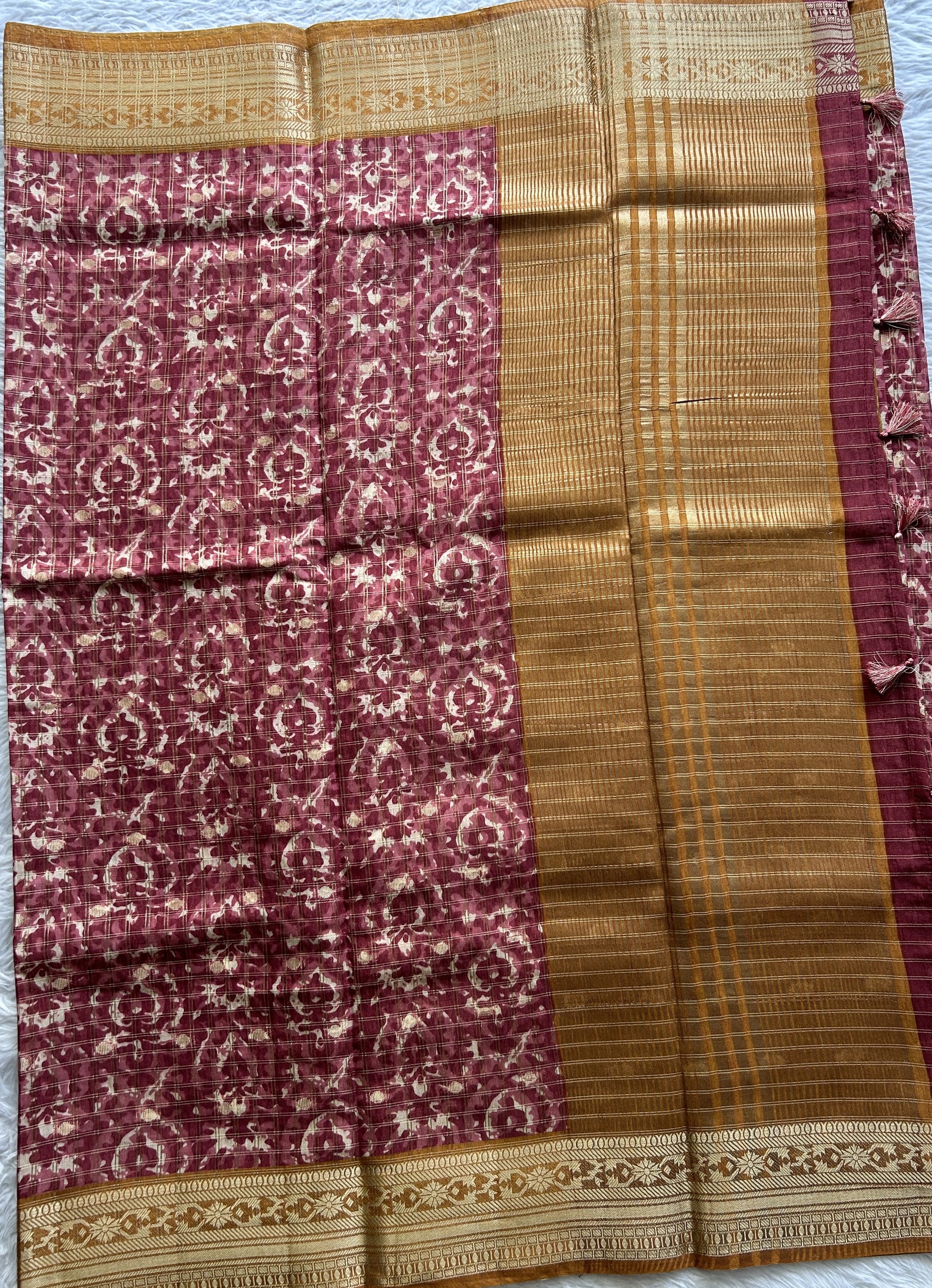 Dola Crepe Saree Burgundy Colored Complemented with a Mustard Yellow Color Zari Border. - Sampradaya Designer Studio