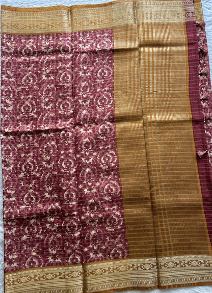 Dola Crepe Saree Burgundy Colored Complemented with a Mustard Yellow Color Zari Border. - Sampradaya Designer Studio