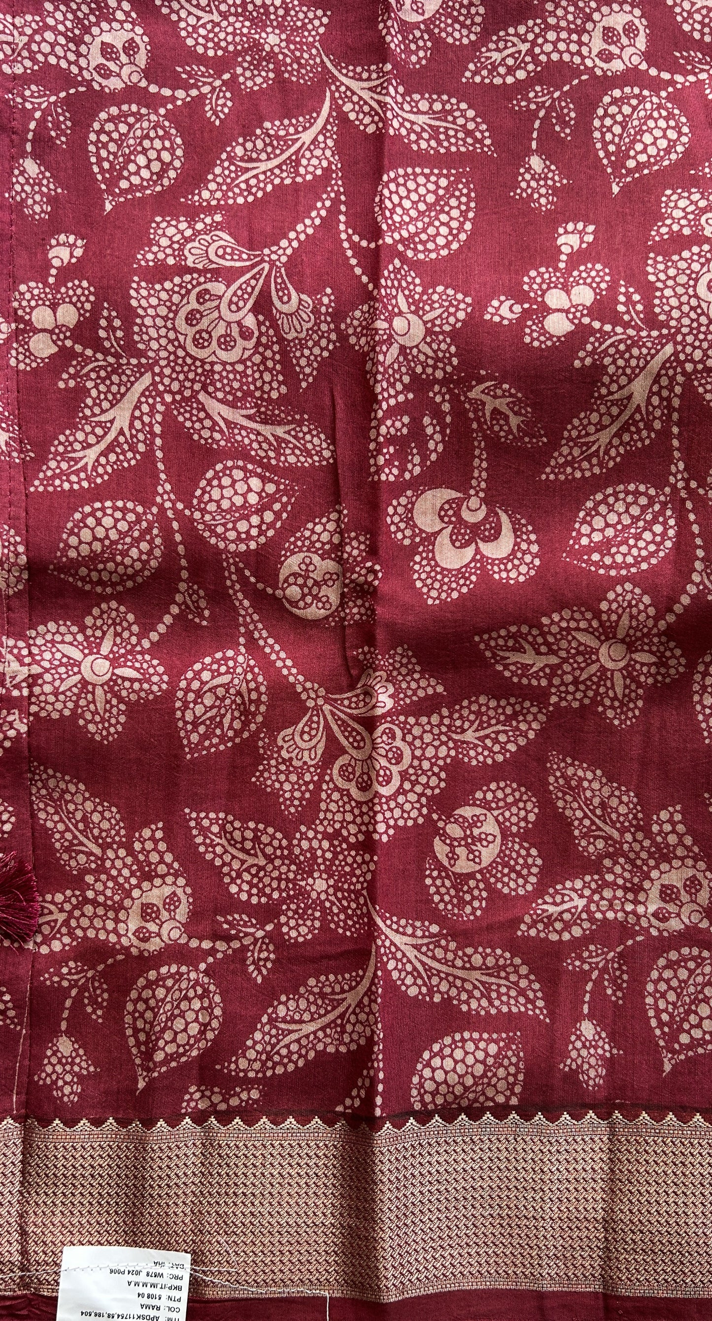 Dola Crepe Saree Dark Peach Colored Complemented with a Maroon Color Zari Border. - Sampradaya Designer Studio