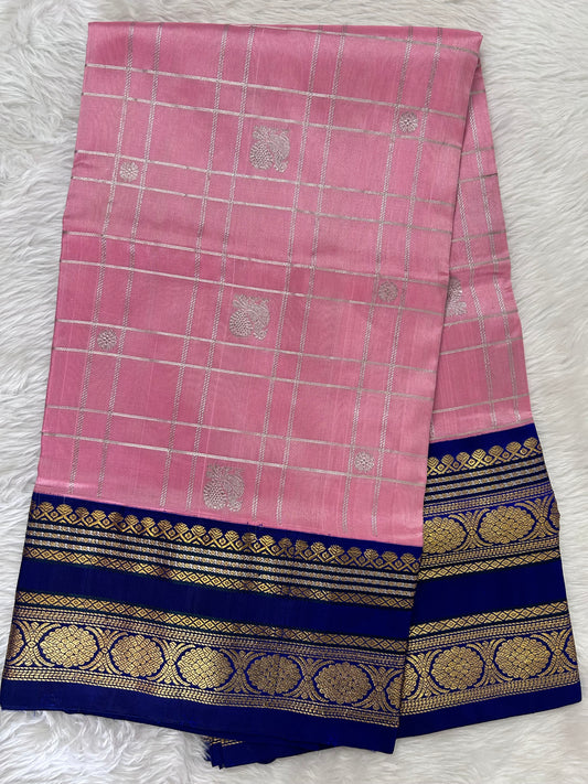 Venkatagiri Pattu Saree Baby Pink Colored Complemented With a Ink Blue Color Kanchi Border - Sampradaya Designer Studio