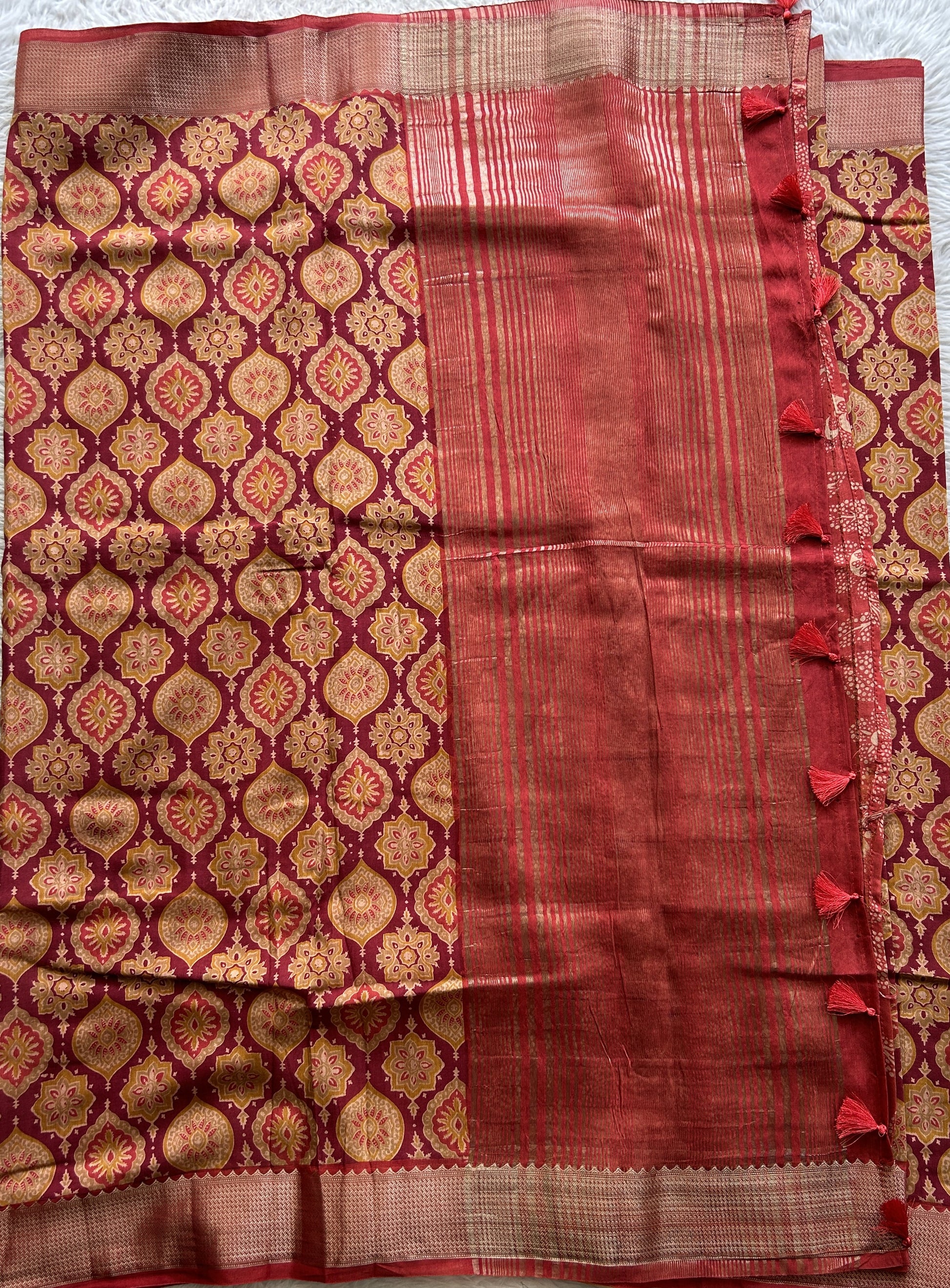 Dola Crepe Saree Dark Maroon Colored Complemented with a Zari Border. - Sampradaya Designer Studio