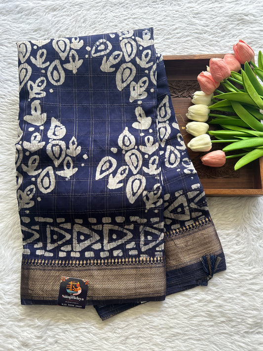 Dola Crepe Saree Ink Blue Colored Complemented with a Zari Border. - Sampradaya Designer Studio