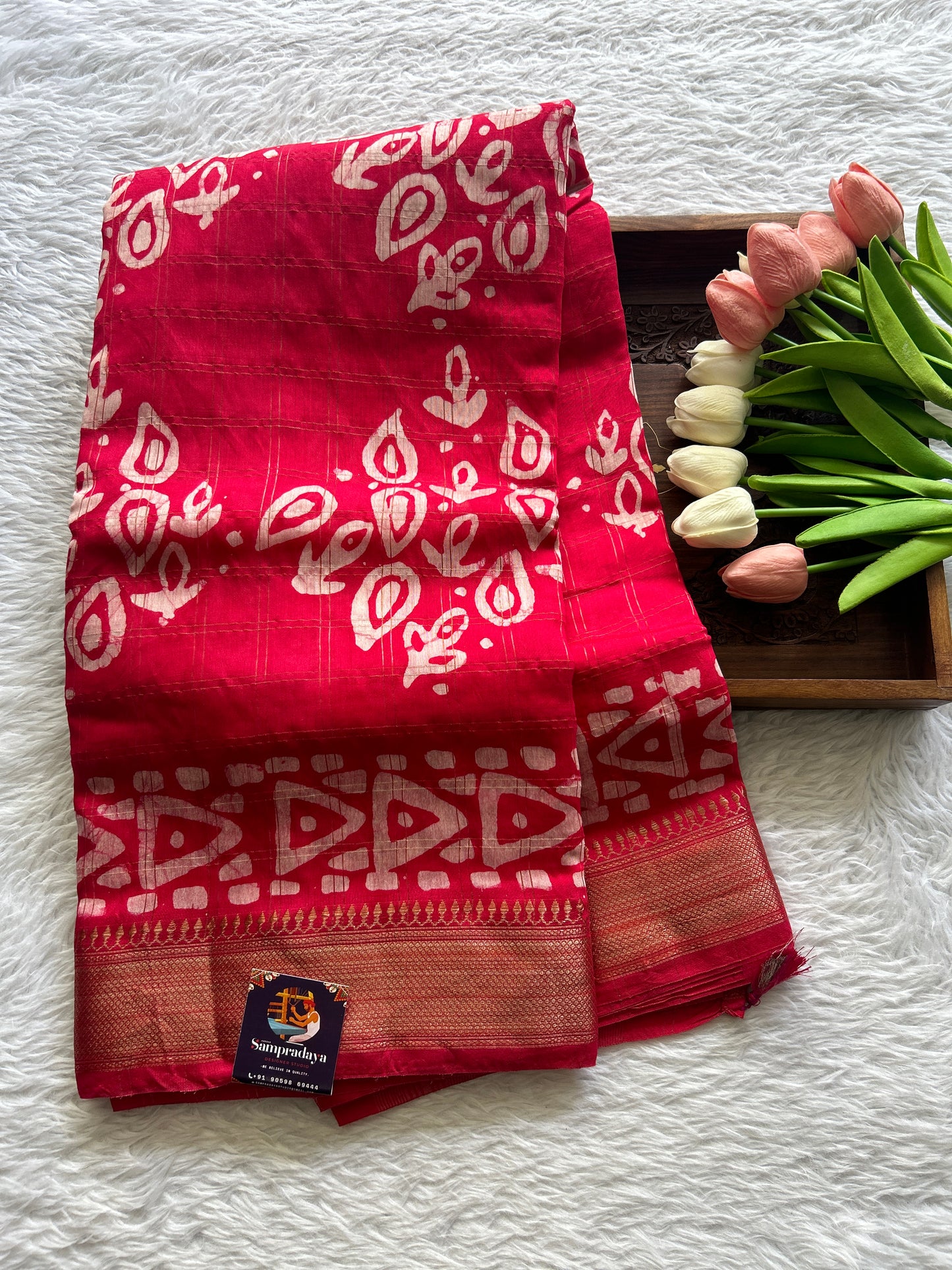 Dola Crepe Saree Red Colored Complemented with a Zari Border. - Sampradaya Designer Studio