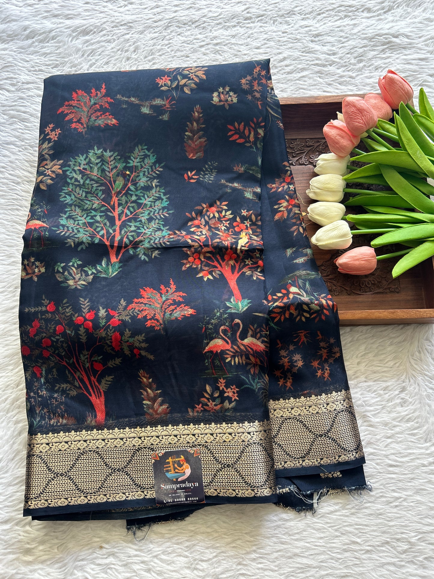 Banarasi Soft Silk Saree Navy Blue Colored Complemented with a Zari Border. - Sampradaya Designer Studio