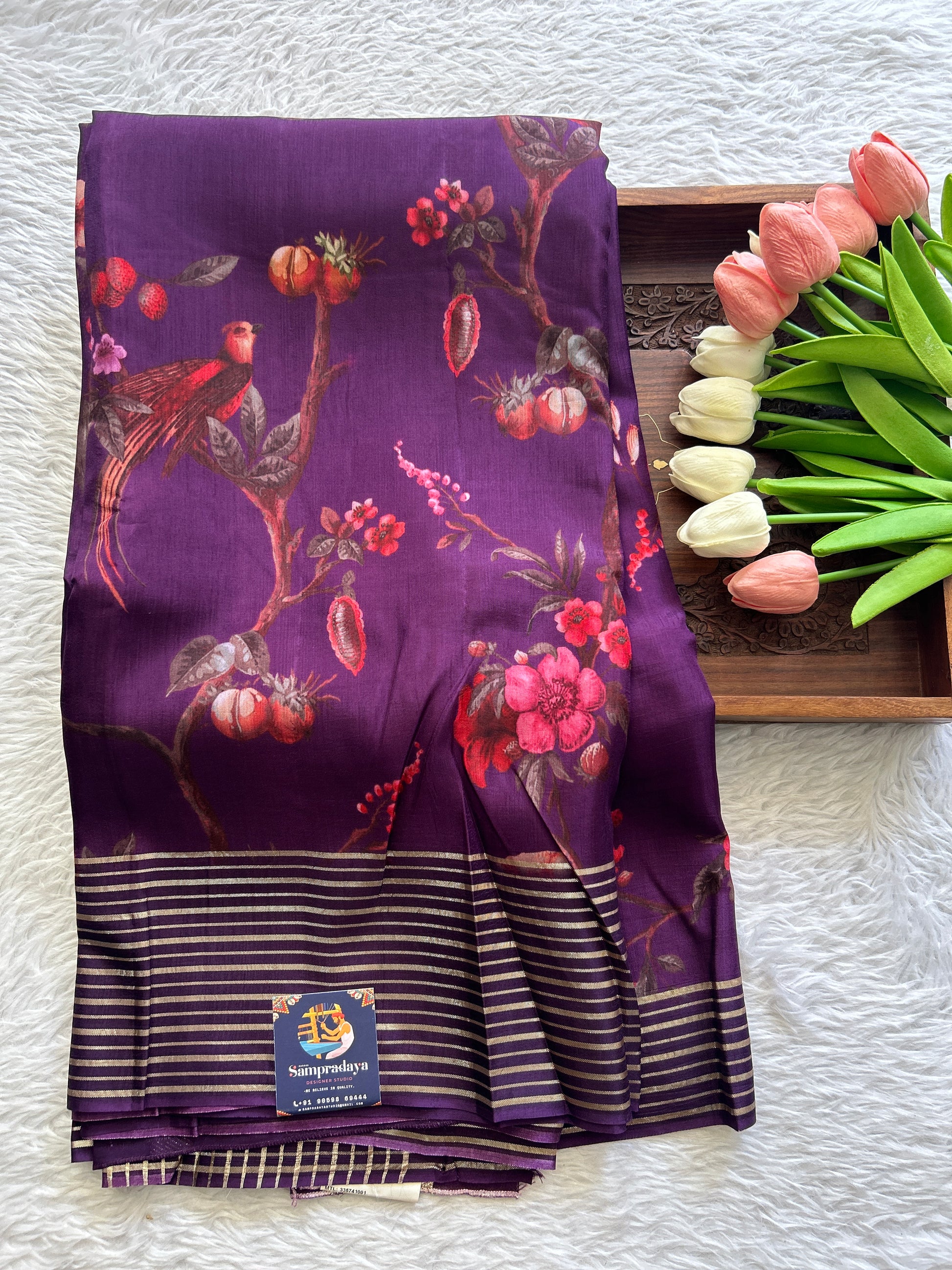 Crepe Silk Party Wear Saree Purple colored complemented with a zari border. - Sampradaya Designer Studio