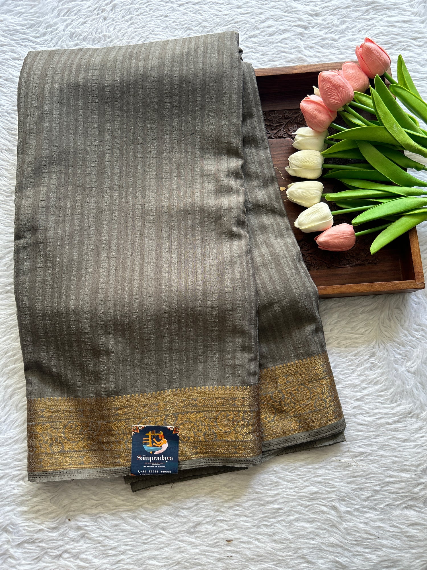 Chiffon Fancy Saree Gray Colored Complemented with a Zari Border. - Sampradaya Designer Studio