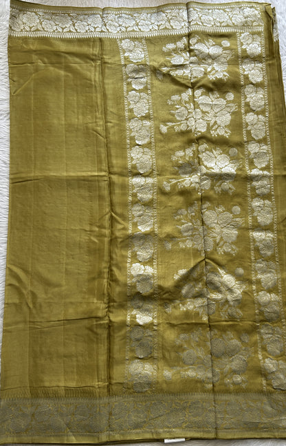 Viscose Georgette Saree Mustard Yellow Colored Complemented with a Zari Border. - Sampradaya Designer Studio