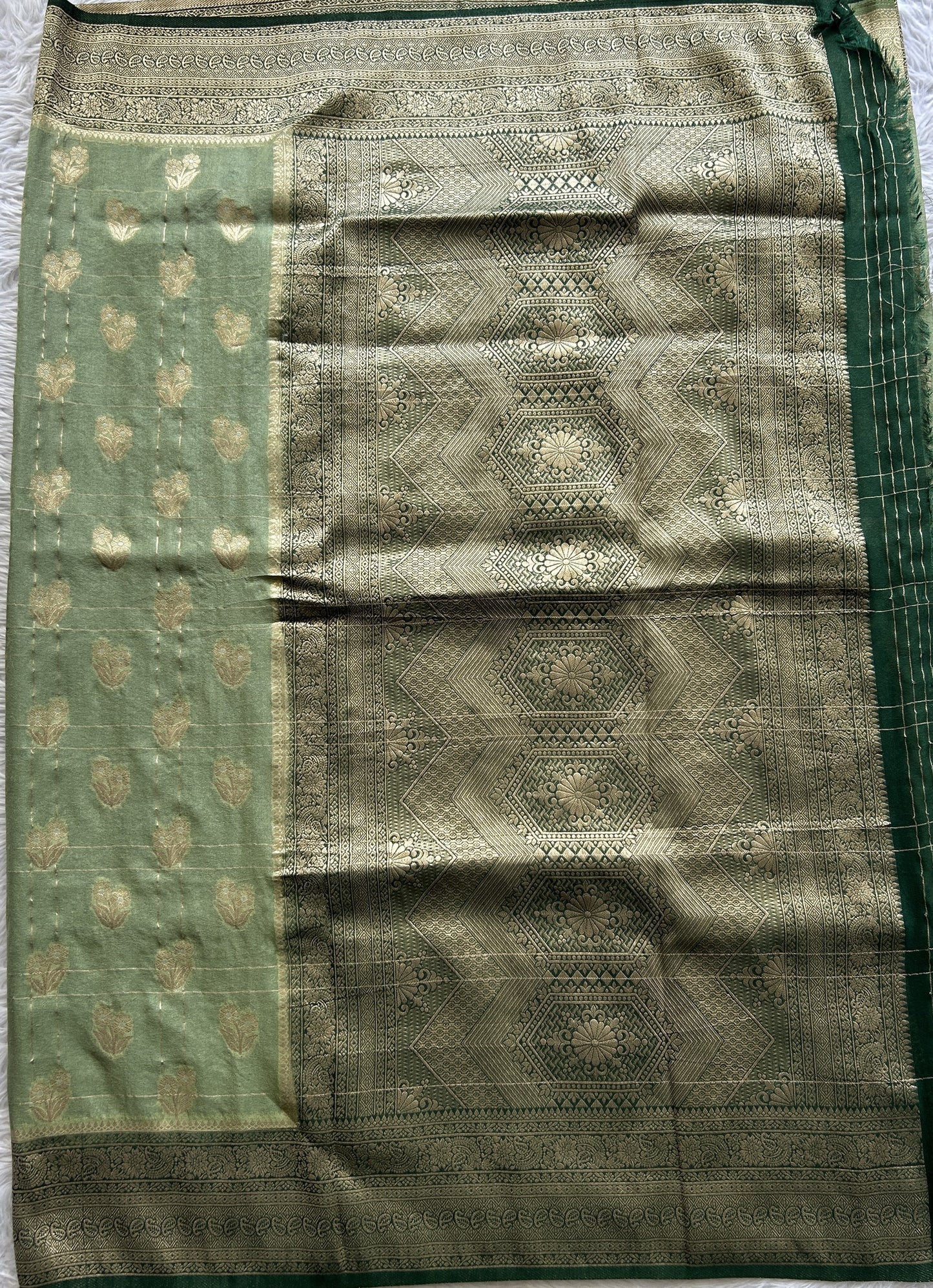 Semi Georgette Saree Light Green Colored Complemented with a Zari Border. - Sampradaya Designer Studio