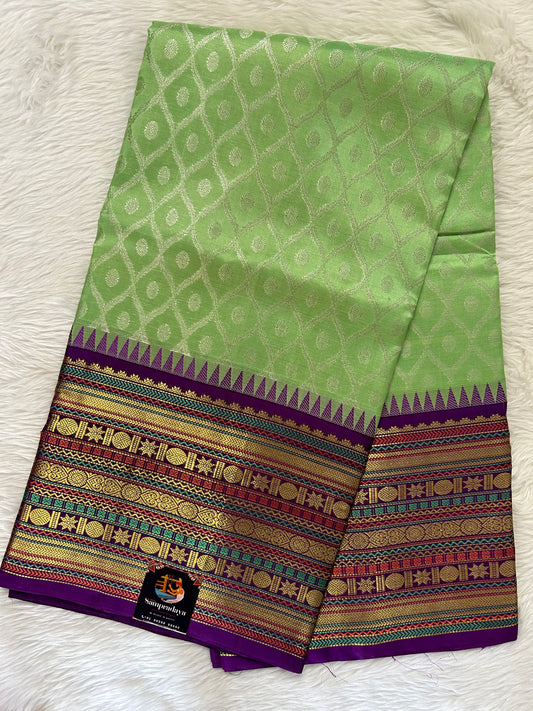 Venkatagiri Pattu Saree Parrot Green Colored Complemented With a Pattu Dark Purple Color Kanchi Border - Sampradaya Designer Studio