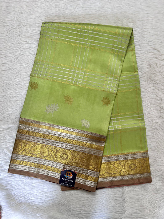 Venkatagiri Pattu Saree Pastel Green Colored Complemented With a Pattu Light Brown Color Kanchi Border - Sampradaya Designer Studio