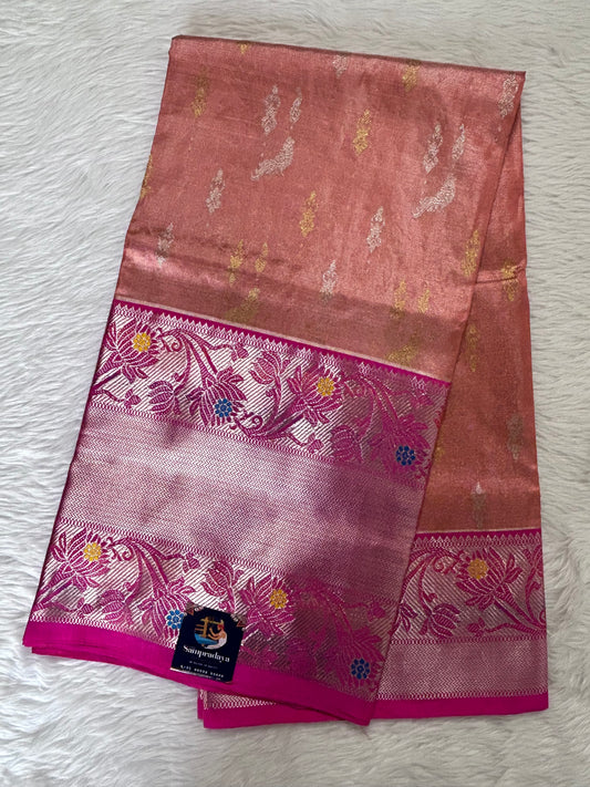 Venkatagiri Pattu Saree Pastel Orange Colored Complemented With a Pattu Pink Color Kanchi Border - Sampradaya Designer Studio