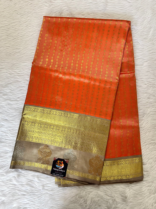 Venkatagiri Pattu Saree Pastel Orange Colored Complemented With a Pattu Light Brown Color Kanchi Border - Sampradaya Designer Studio