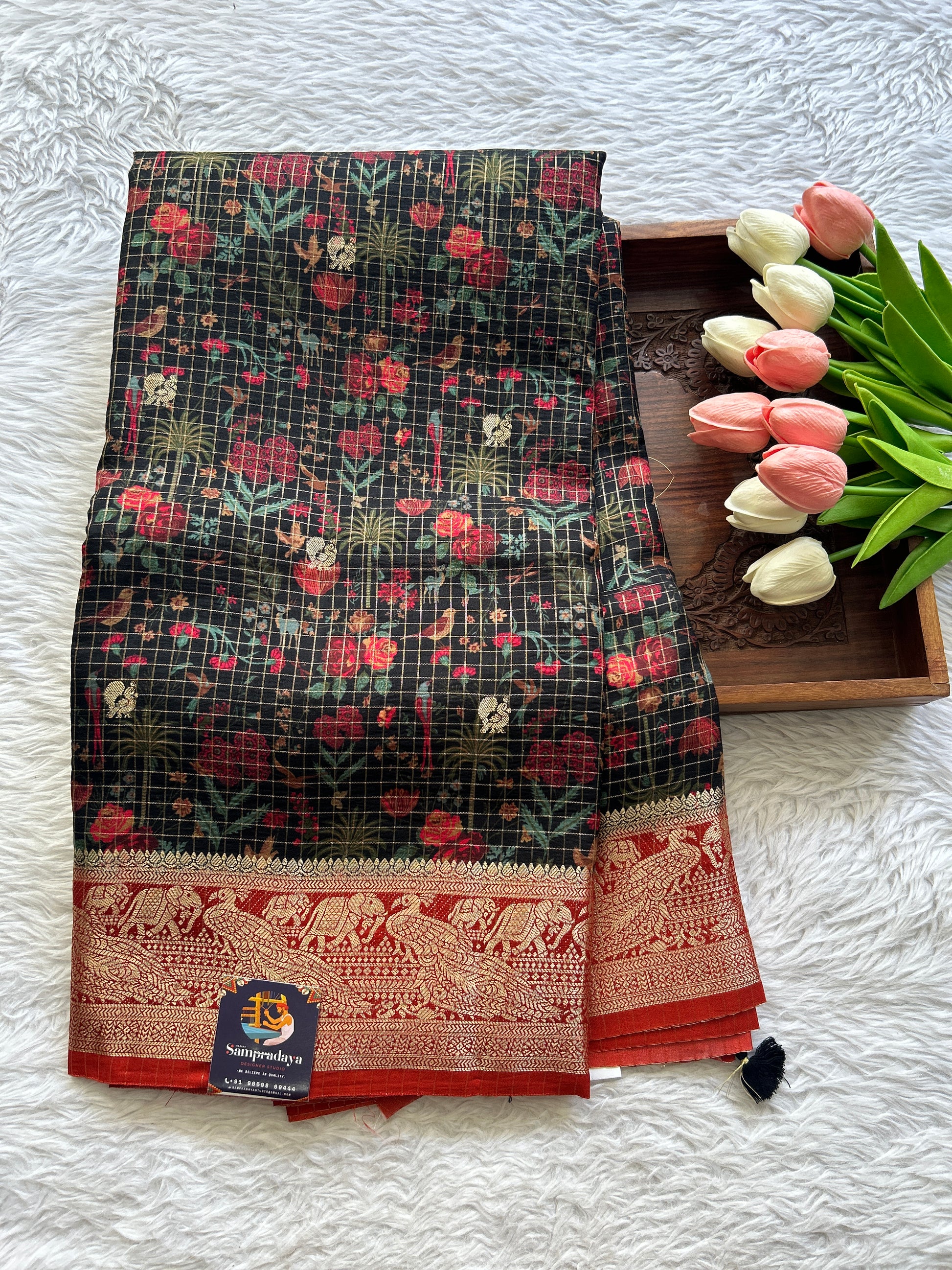 Viscose Georgette Saree Black Colored Complemented with a Red Color Zari Border. - Sampradaya Designer Studio