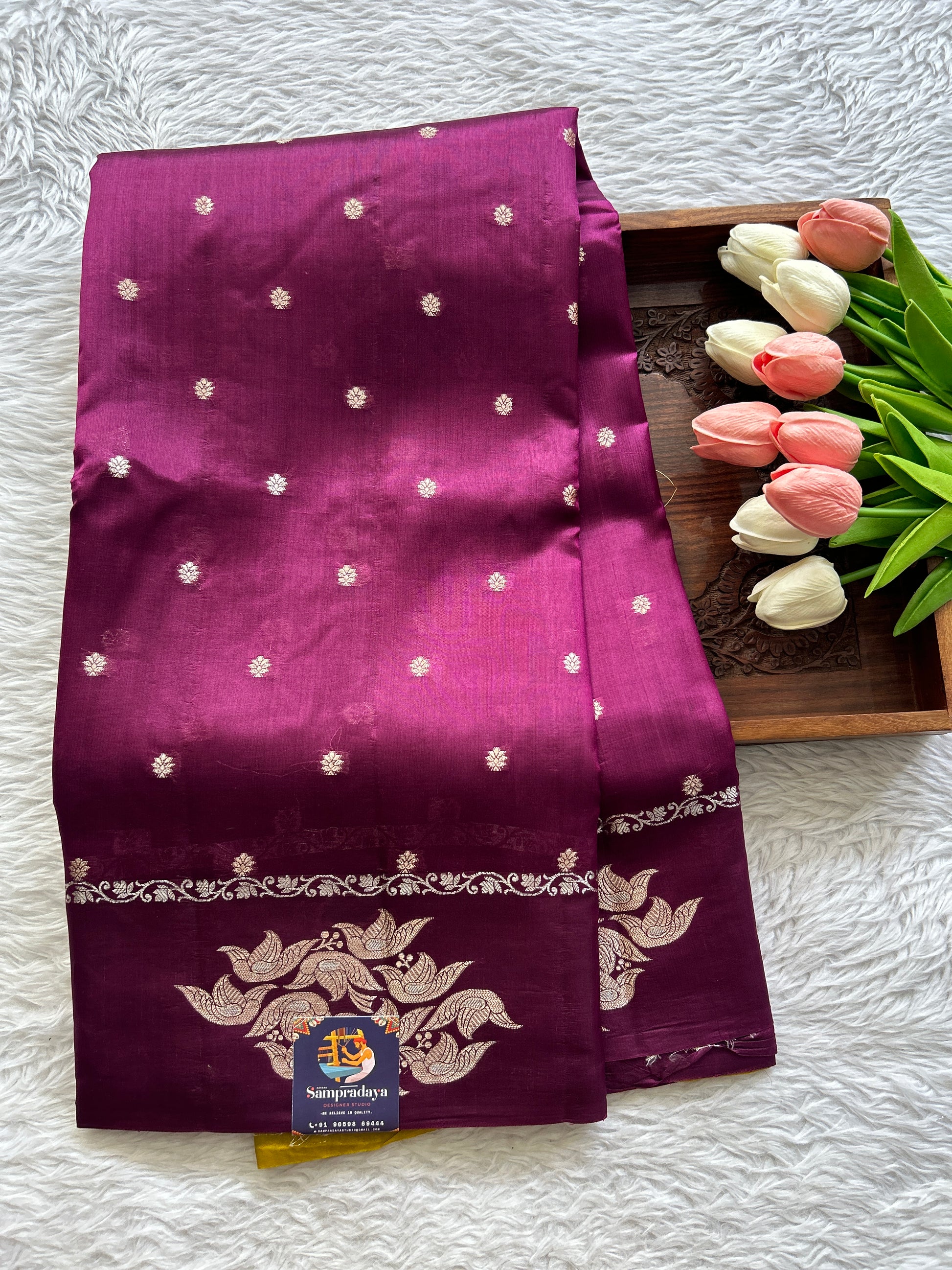 Dupion Silk Saree Wine Colored Complemented with a Plain Border. - Sampradaya Designer Studio