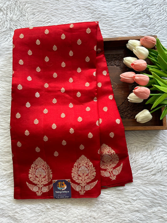 Dupion Silk Saree Red Colored Complemented with a Buti Border. - Sampradaya Designer Studio