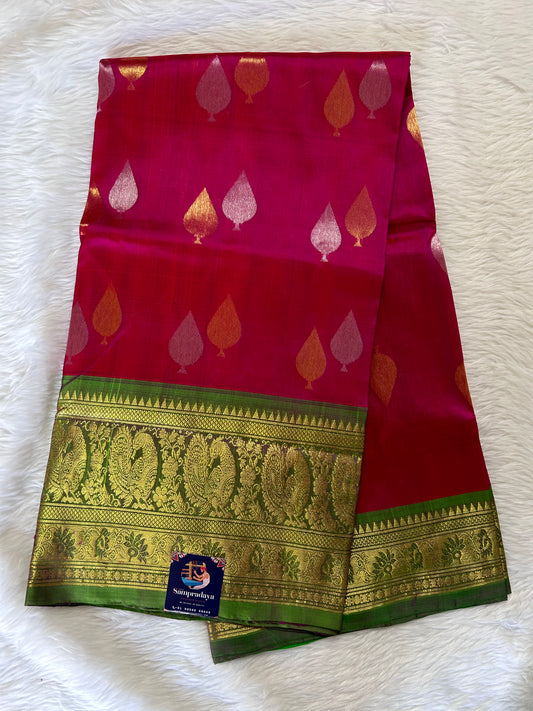 Venkatagiri Pattu Saree Pink Colored Complemented With a Pattu Olive Green Color Kanchi Border - Sampradaya Designer Studio