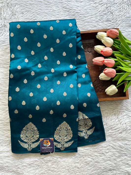 Dupion Silk Saree Sea Blue Colored Complemented with a Buti Border. - Sampradaya Designer Studio