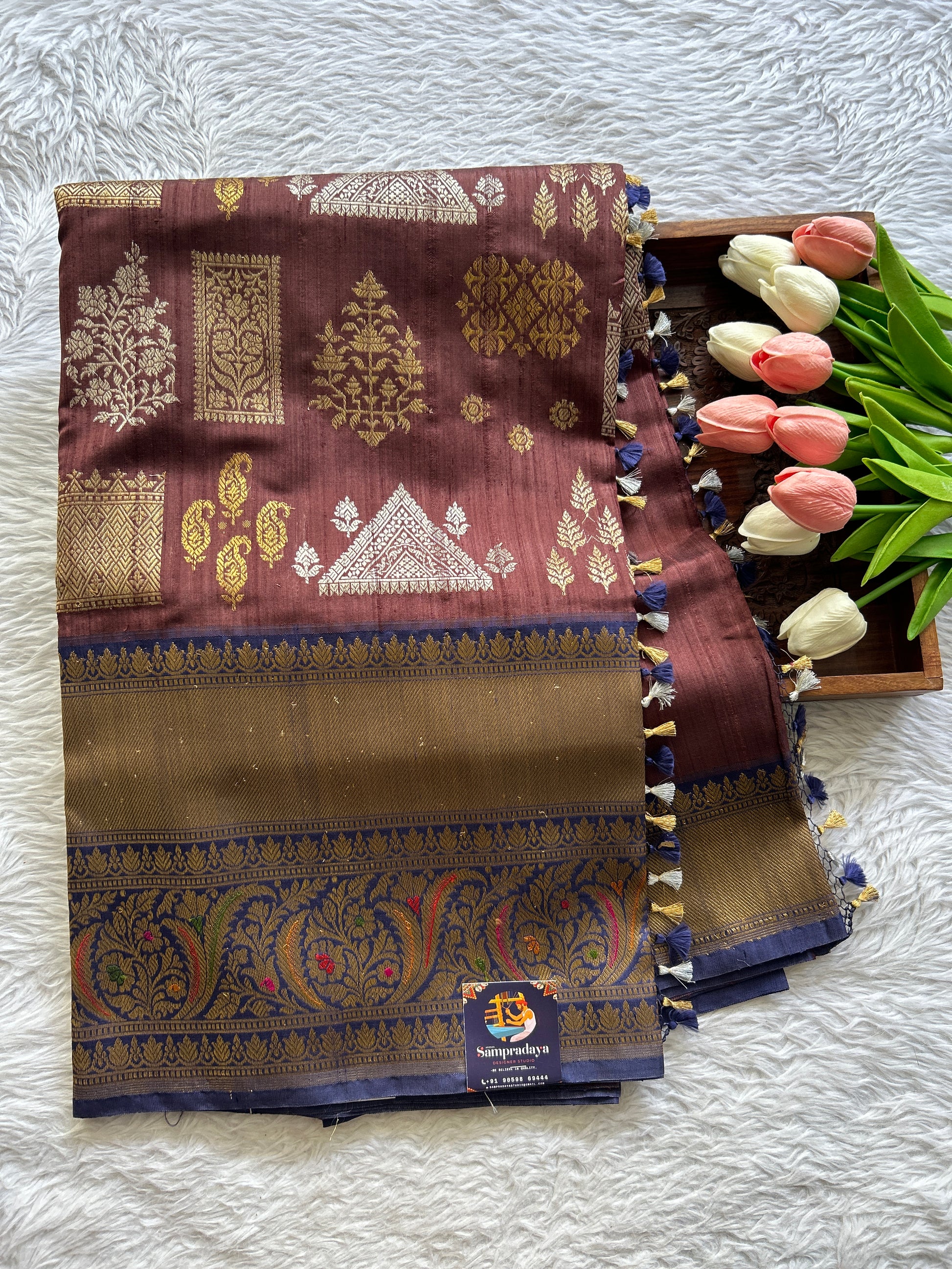 Banarasi Katan Silk Saree Brown Colored Complemented with a Ink Blue Color Zari border. - Sampradaya Designer Studio