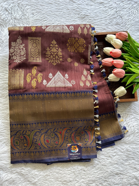 Banarasi Katan Silk Saree Brown Colored Complemented with a Ink Blue Color Zari border. - Sampradaya Designer Studio