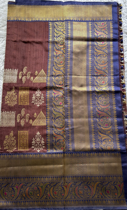 Banarasi Katan Silk Saree Brown Colored Complemented with a Ink Blue Color Zari border. - Sampradaya Designer Studio