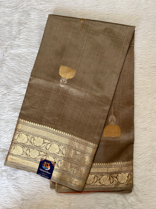 Raw Mango or Pooniya Silk Saree Sand Colored Complemented With a Gold Zari Border - Sampradaya Designer Studio