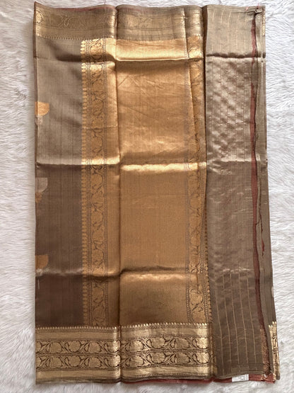 Raw Mango or Pooniya Silk Saree Sand Colored Complemented With a Gold Zari Border - Sampradaya Designer Studio