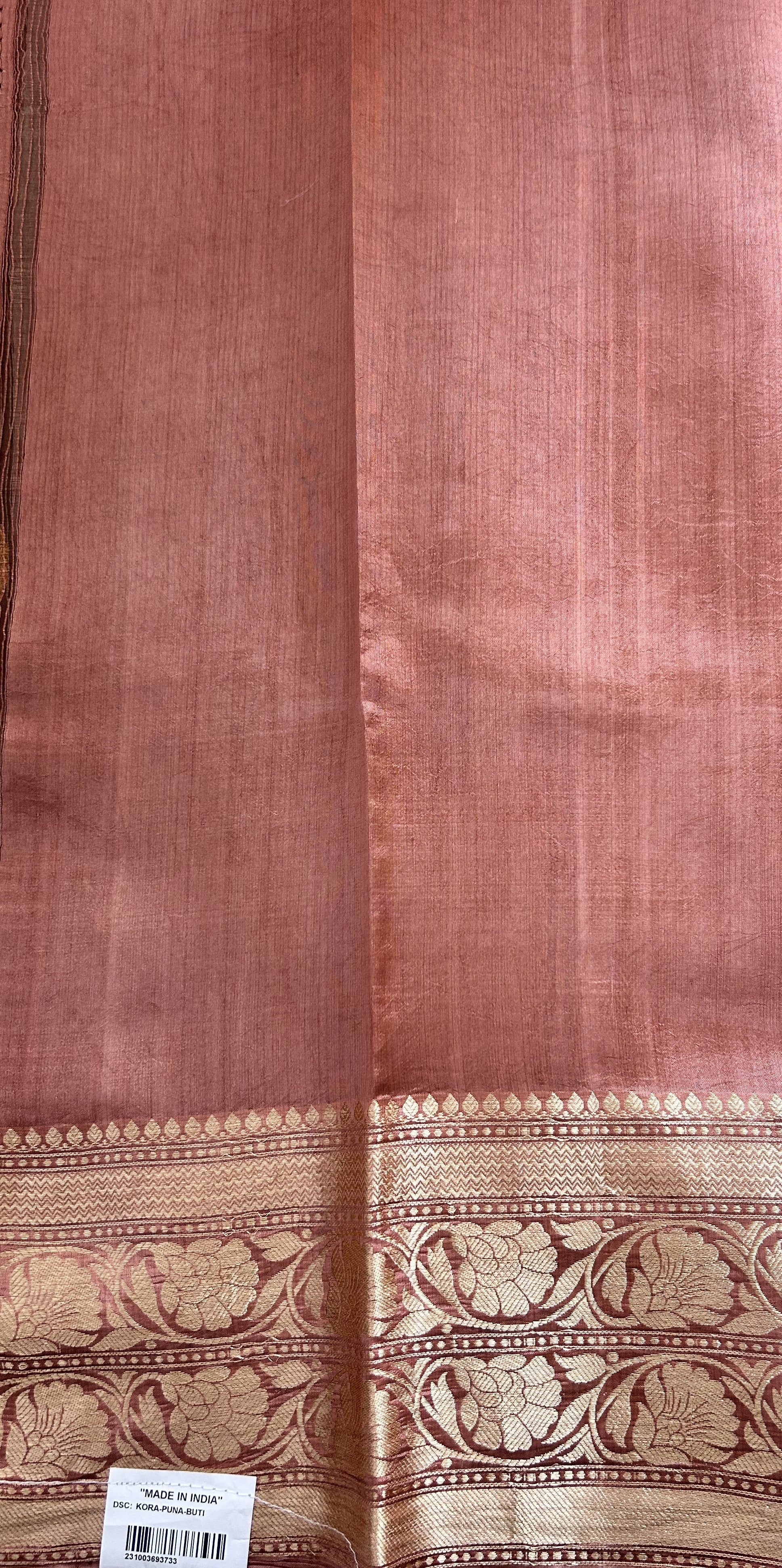 Raw Mango or Pooniya Silk Saree Sand Colored Complemented With a Gold Zari Border - Sampradaya Designer Studio