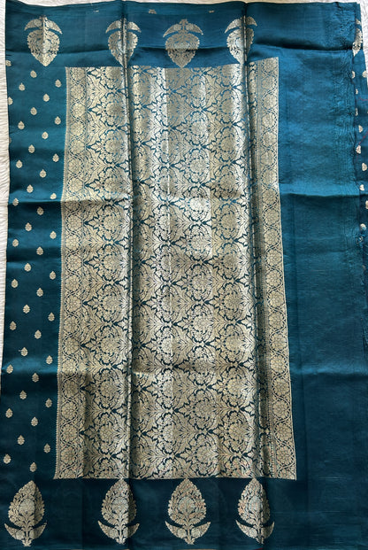 Dupion Silk Saree Sea Blue Colored Complemented with a Buti Border. - Sampradaya Designer Studio