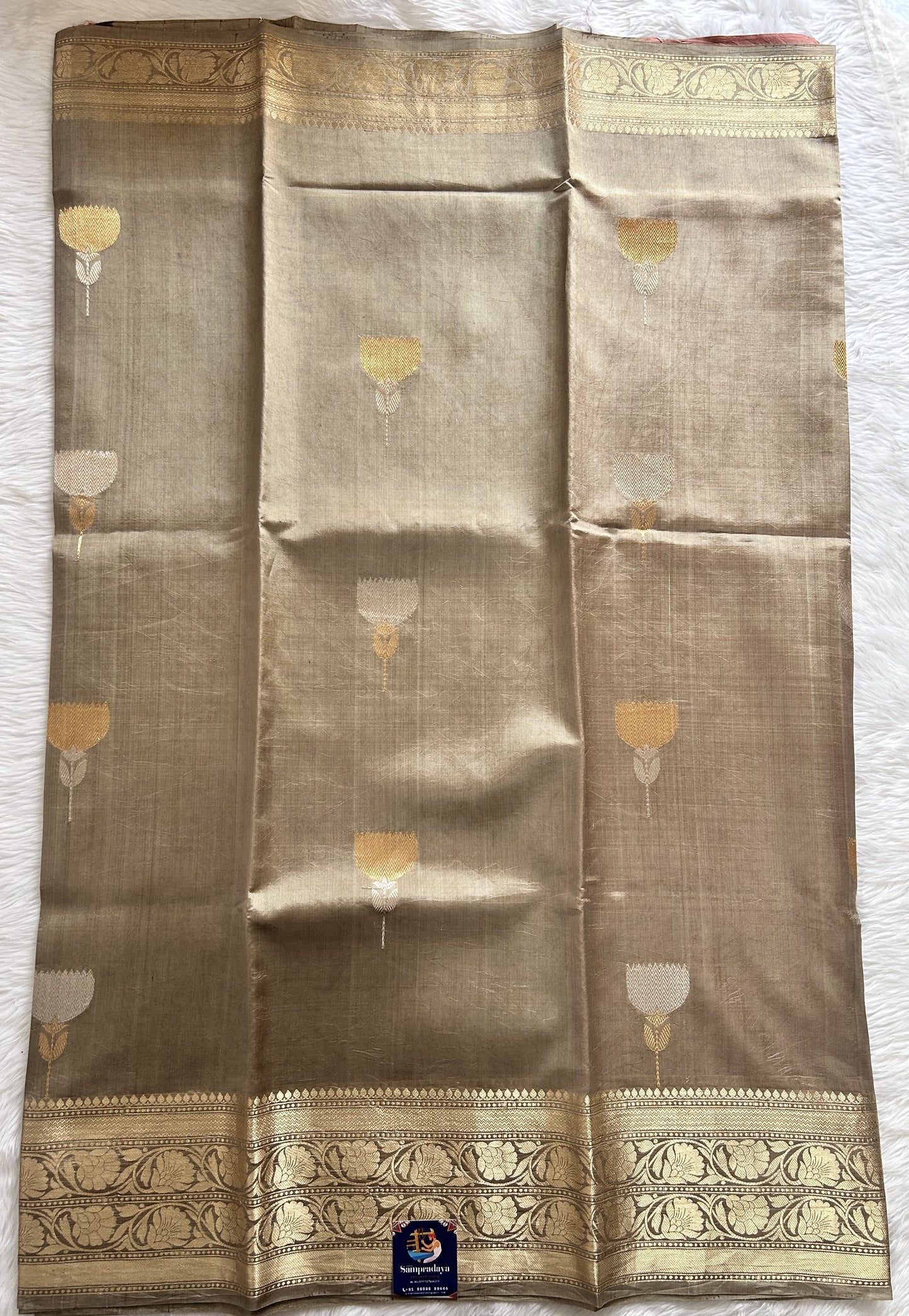 Raw Mango or Pooniya Silk Saree Sand Colored Complemented With a Gold Zari Border - Sampradaya Designer Studio