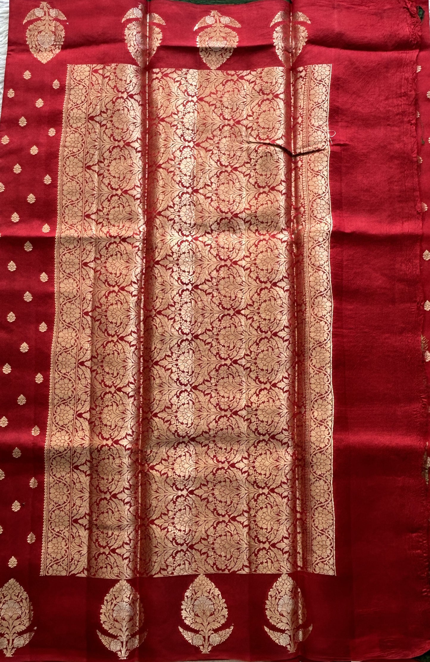 Dupion Silk Saree Red Colored Complemented with a Buti Border. - Sampradaya Designer Studio