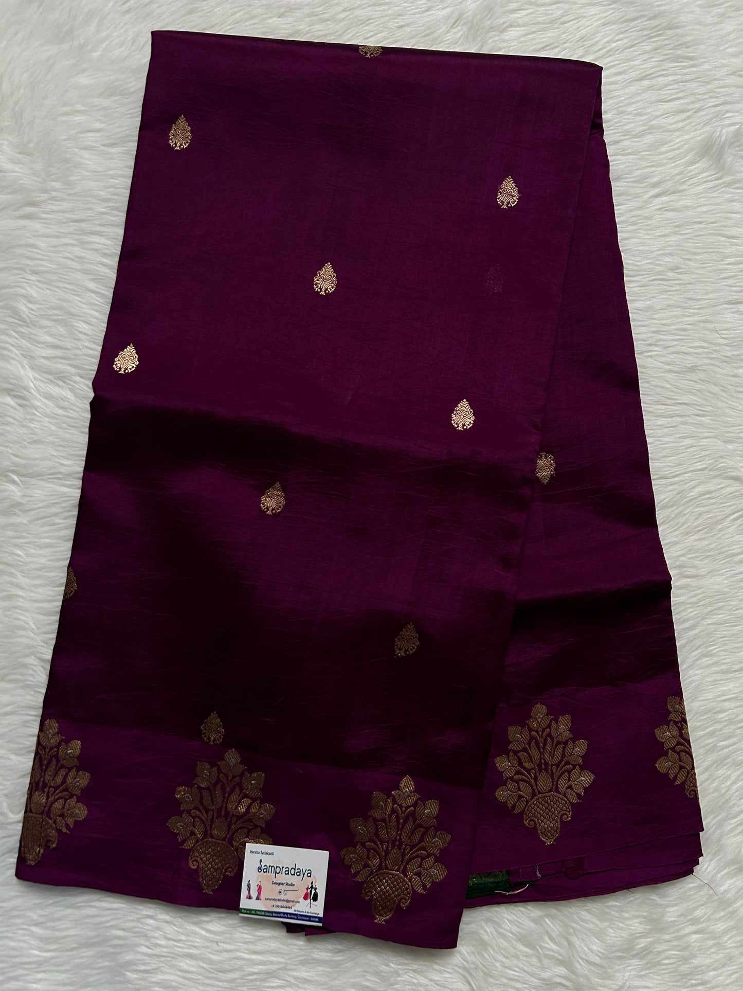 Raw Mango or Pooniya Silk Saree Dark Purple Colored Complemented With a Mashrur Border - Sampradaya Designer Studio