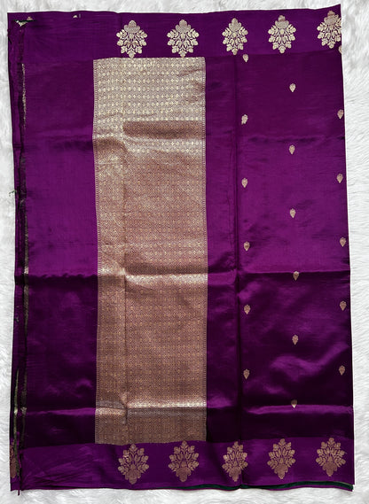 Raw Mango or Pooniya Silk Saree Dark Purple Colored Complemented With a Mashrur Border - Sampradaya Designer Studio