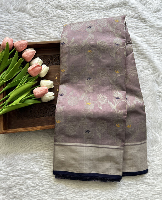 Chanderi Silk Saree Lavender Colored Complemented with a Silver Zari Border - Sampradaya Designer Studio