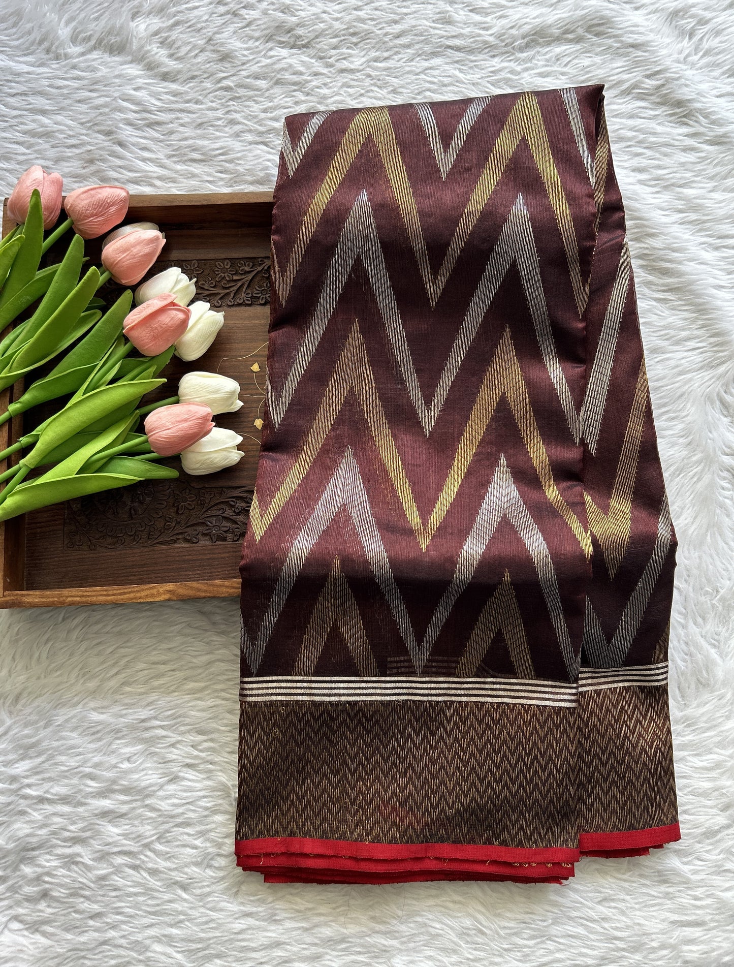 Chanderi Silk Saree Brown Colored Complemented with a Silver Zari Border - Sampradaya Designer Studio