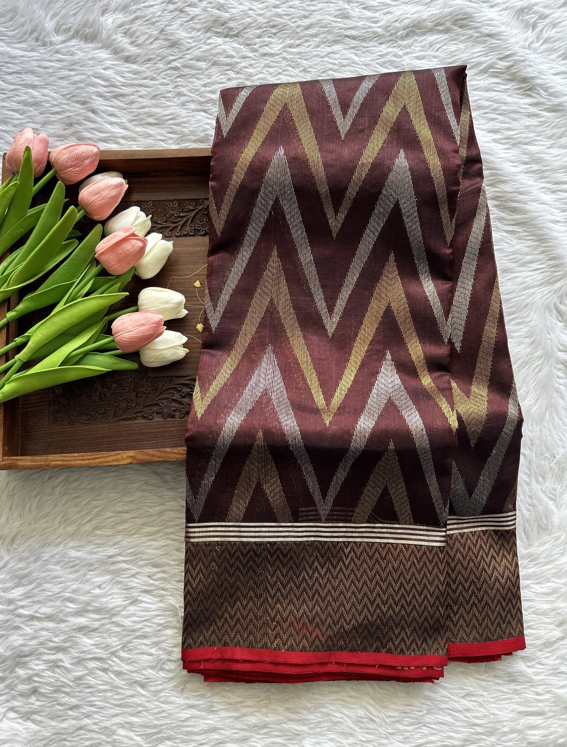 Chanderi Silk Saree Brown Colored Complemented with a Silver Zari Border - Sampradaya Designer Studio