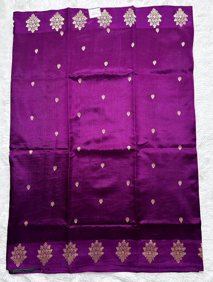 Raw Mango or Pooniya Silk Saree Dark Purple Colored Complemented With a Mashrur Border - Sampradaya Designer Studio