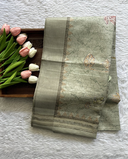 Semi Tussar Saree Light Green Colored complemented with a Zari Border. - Sampradaya Designer Studio