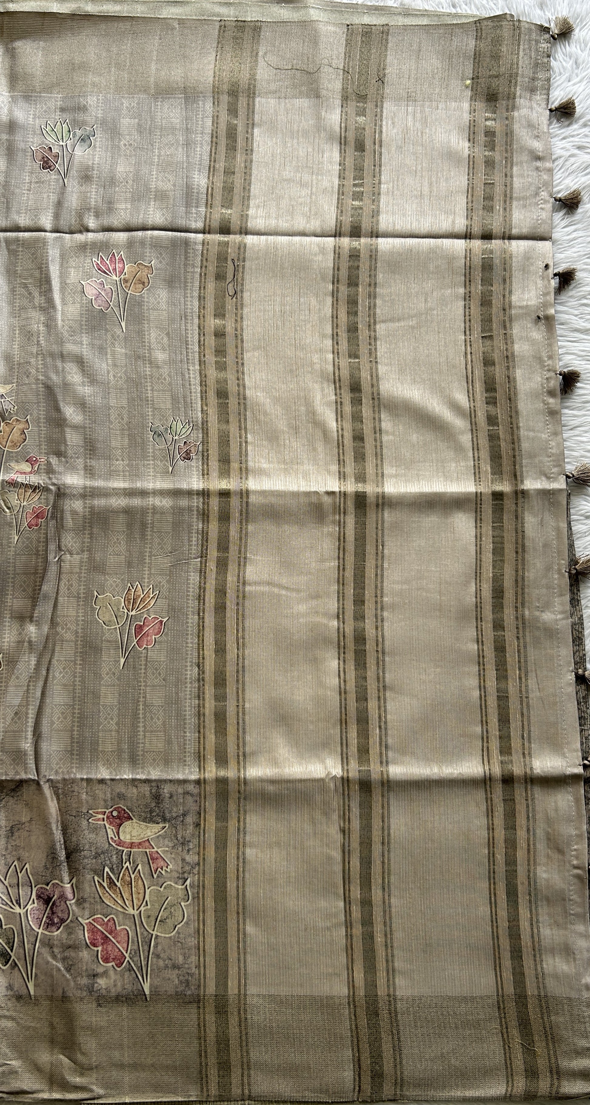 Semi Tussar Saree Dark Beige Colored complemented with a Zari Border. - Sampradaya Designer Studio