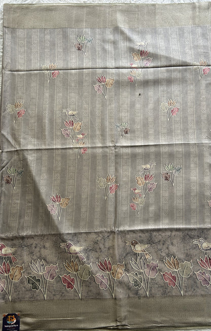 Semi Tussar Saree Dark Beige Colored complemented with a Zari Border. - Sampradaya Designer Studio