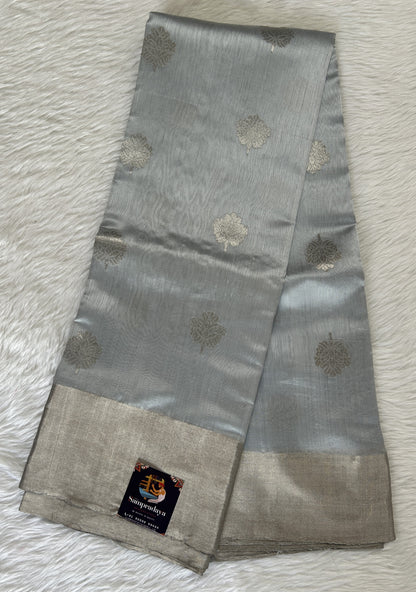 Chanderi Pattu Saree Ice Blue colored saree complemented with a Silver Zari Weaving border - Sampradaya Designer Studio