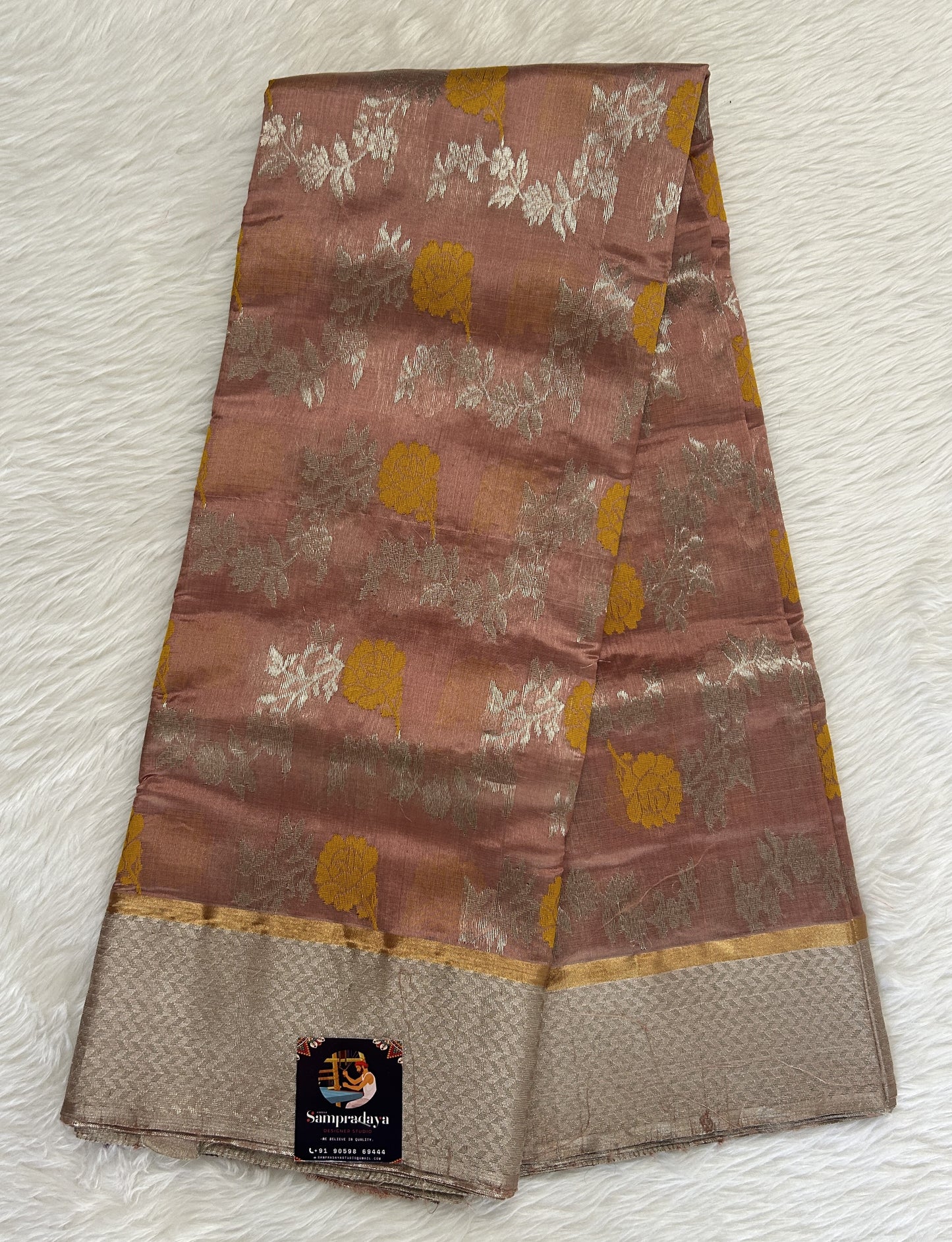 Chanderi Pattu Saree Pinkish Brown colored saree complemented with a Silver Zari border - Sampradaya Designer Studio