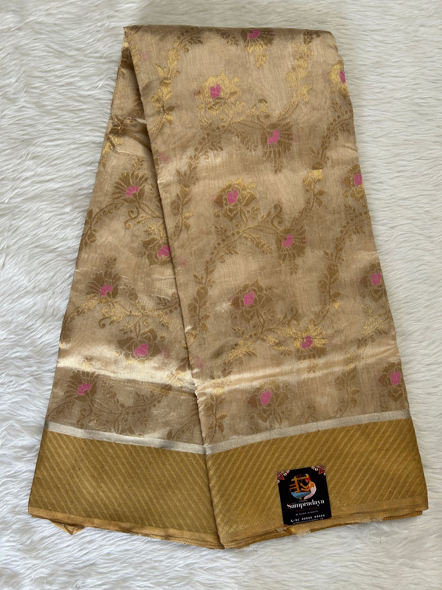 Chanderi Pattu Saree Cream colored saree complemented with a Gold Zari Weaving border - Sampradaya Designer Studio