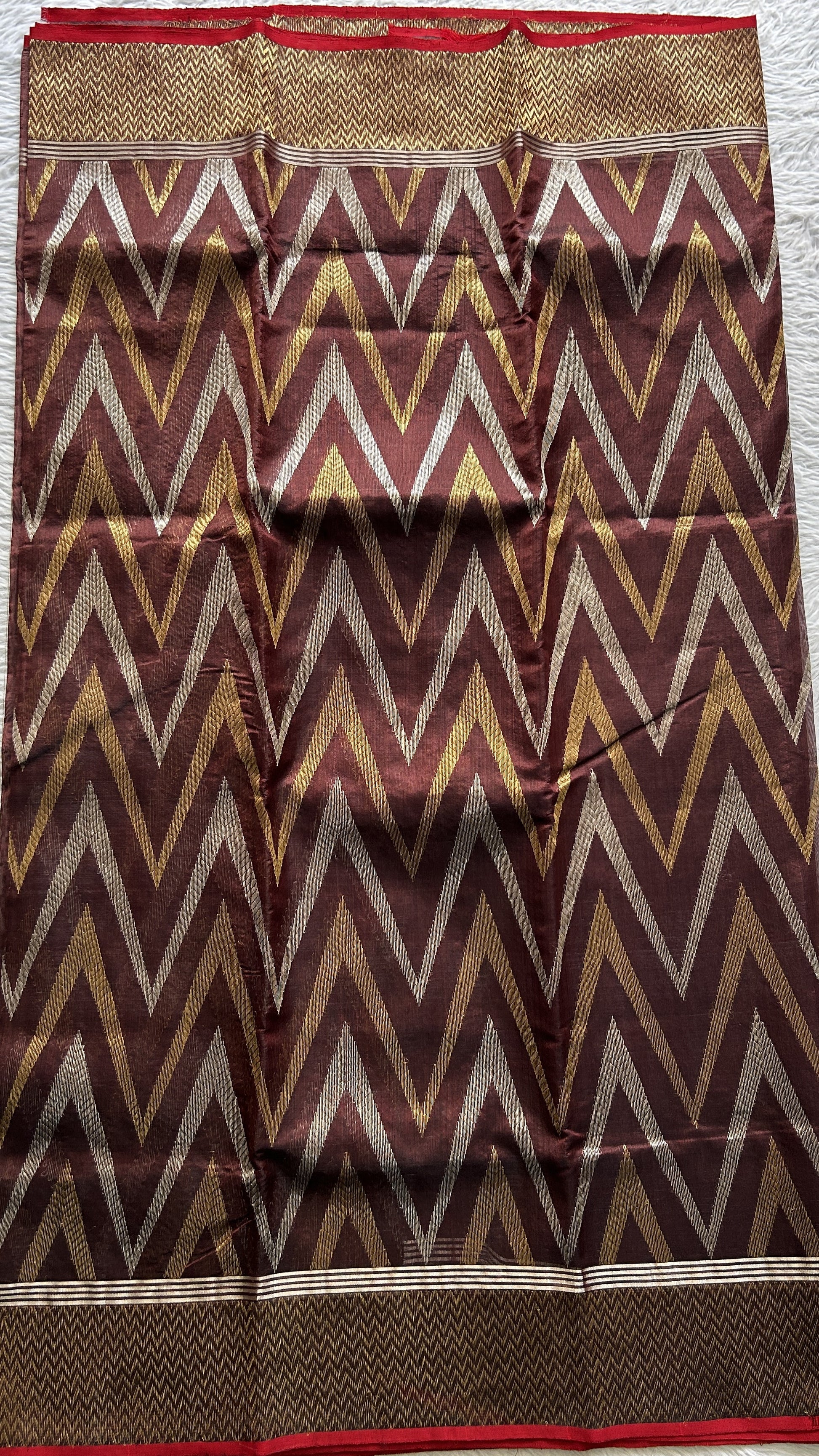 Chanderi Silk Saree Brown Colored Complemented with a Silver Zari Border - Sampradaya Designer Studio